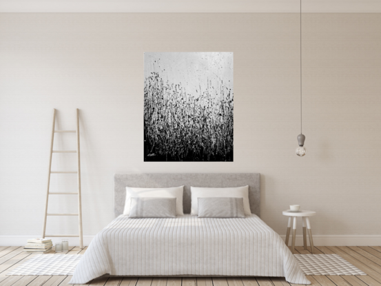 Abstract painting with textured black and white acrylic paint. A captivating visual experience that invites the viewers to release their imagination and wonder what could be hiding within this unknown world of tall blades of grass.