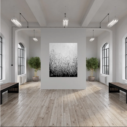 Abstract painting with textured black and white acrylic paint. A captivating visual experience that invites the viewers to release their imagination and wonder what could be hiding within this unknown world of tall blades of grass.