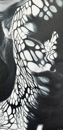 A female figure with highly detailed pattern cast as a shadow on the cropped face and neck. Palette is monochromatic in paynes grey and white. Face is tilted downward in an almost somber reflective gaze.