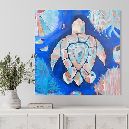 My turtle artworks are colorful with the rainbow and bright colors depicting the beauty and healing powers of the ocean and all life thriving underneath the surface. A beautiful piece to hang in your home to represent protection, wisdom, longevity, and patience.