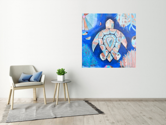 My turtle artworks are colorful with the rainbow and bright colors depicting the beauty and healing powers of the ocean and all life thriving underneath the surface. A beautiful piece to hang in your home to represent protection, wisdom, longevity, and patience.