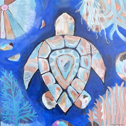 My turtle artworks are colorful with the rainbow and bright colors depicting the beauty and healing powers of the ocean and all life thriving underneath the surface. A beautiful piece to hang in your home to represent protection, wisdom, longevity, and patience.