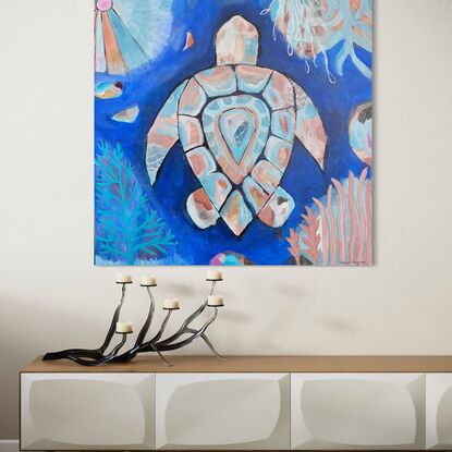 My turtle artworks are colorful with the rainbow and bright colors depicting the beauty and healing powers of the ocean and all life thriving underneath the surface. A beautiful piece to hang in your home to represent protection, wisdom, longevity, and patience.