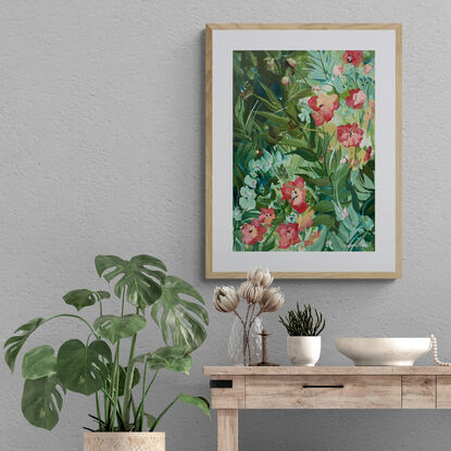 small A3 sized red hibiscus flowers in a tropical landscape original painting