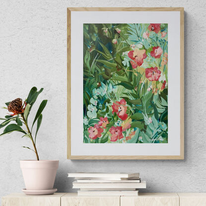 small A3 sized red hibiscus flowers in a tropical landscape original painting