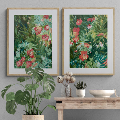 small A3 sized red hibiscus flowers in a tropical landscape original painting