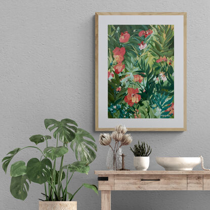 small A3 sized red hibiscus flowers in a tropical landscape original painting