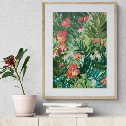 small A3 sized red hibiscus flowers in a tropical landscape original painting