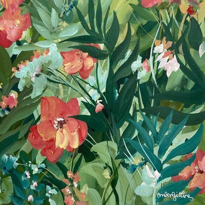 small A3 sized red hibiscus flowers in a tropical landscape original painting