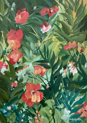 small A3 sized red hibiscus flowers in a tropical landscape original painting