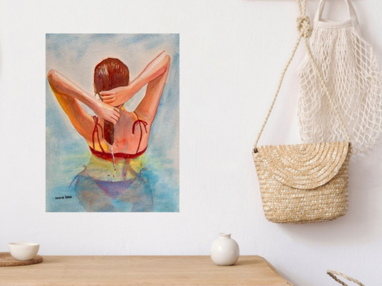 artwork showing a woman squeezing the water from her hair as she stands in a swimming pool
