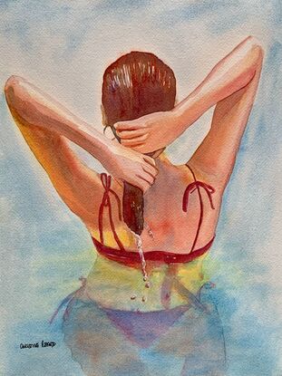 artwork showing a woman squeezing the water from her hair as she stands in a swimming pool
