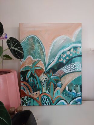 Measuring 30cm x 40cm , Peach And Palms encompasses different textures using acrylic and oil.

Arrives ready to hang 