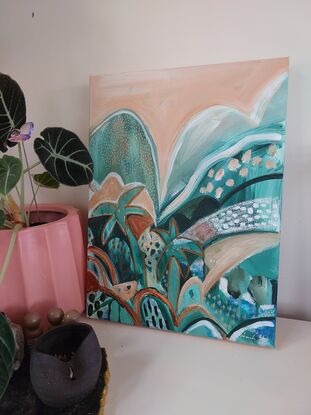 Measuring 30cm x 40cm , Peach And Palms encompasses different textures using acrylic and oil.

Arrives ready to hang 