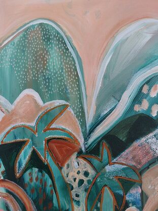 Measuring 30cm x 40cm , Peach And Palms encompasses different textures using acrylic and oil.

Arrives ready to hang 