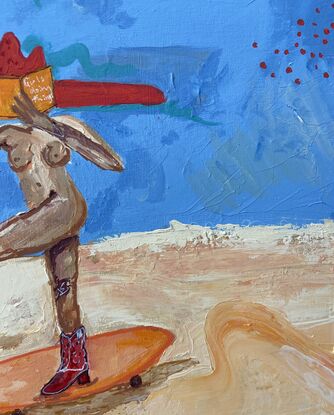 Nude figure  rides skate board, wearing an oversized red cow girl hat, and matching red cowgirl boots, holding an orange book with the title “girls doing things” in one hand and a glass of red wine in the other 