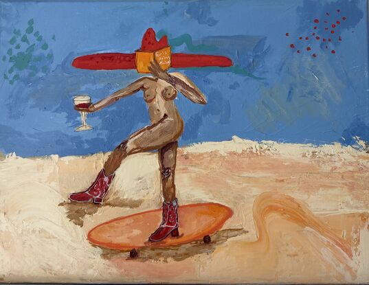 Nude figure  rides skate board, wearing an oversized red cow girl hat, and matching red cowgirl boots, holding an orange book with the title “girls doing things” in one hand and a glass of red wine in the other 