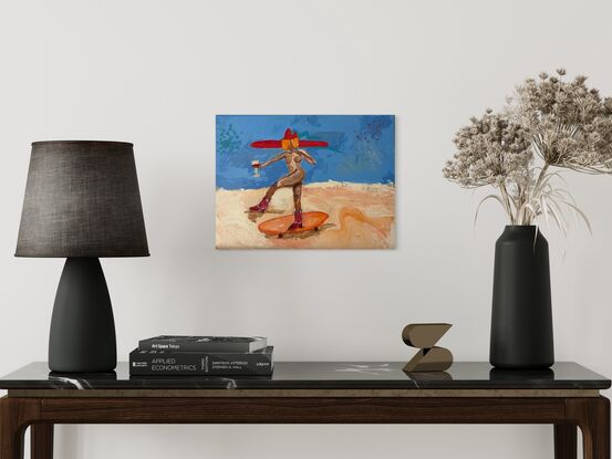 Nude figure  rides skate board, wearing an oversized red cow girl hat, and matching red cowgirl boots, holding an orange book with the title “girls doing things” in one hand and a glass of red wine in the other 