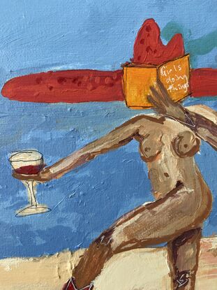 Nude figure  rides skate board, wearing an oversized red cow girl hat, and matching red cowgirl boots, holding an orange book with the title “girls doing things” in one hand and a glass of red wine in the other 