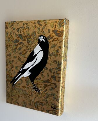 Magpie with a skull head eye 
Acrylic and metal leaf on linen
Ready to hang 
Provided with a certificate of authenticity !
Wrapped securely with few layers of bubble wrap 
And thick cardboard.
I have a magpie in my garden sometimes she is a little bit naughty but I give her some water and she doesn’t whoop at me ..
But it’s not the same story about people walking around my place ..
She makes me laugh ,naughty magpie !