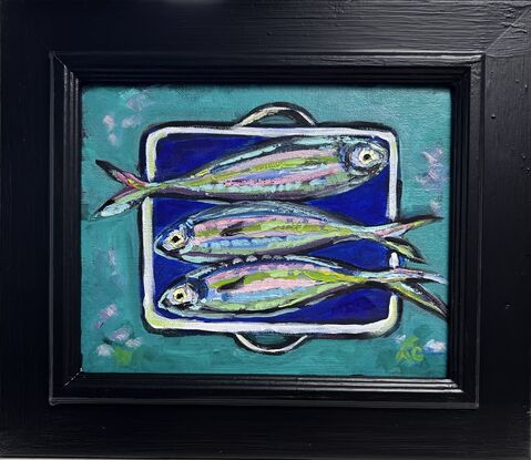 Silver coloured fish on a dish , 3 fish on an enamel dish, blue green sea and fish, pretty coloured fish, blue enamel dish with silver fish, kitchen dish and fish, sardines, whimsical, aqua, dark blue.
