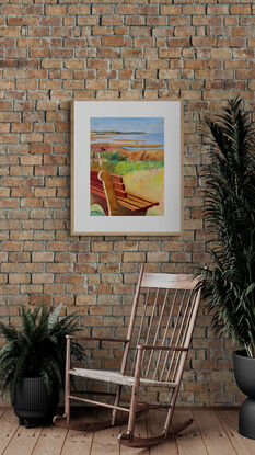 artwork showing a coastal landscape with picnic benches in the foreground
