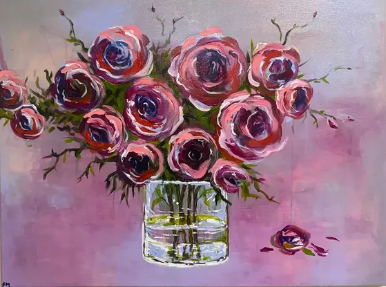 Pink Roses in glass vase with soft background