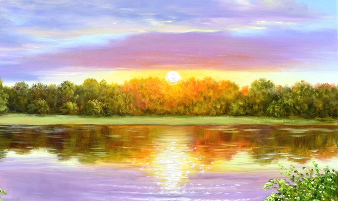 Landscape painting with sunset sunshine over a lake surrounded by woods