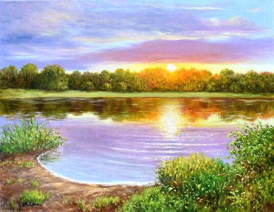 Landscape painting with sunset sunshine over a lake surrounded by woods