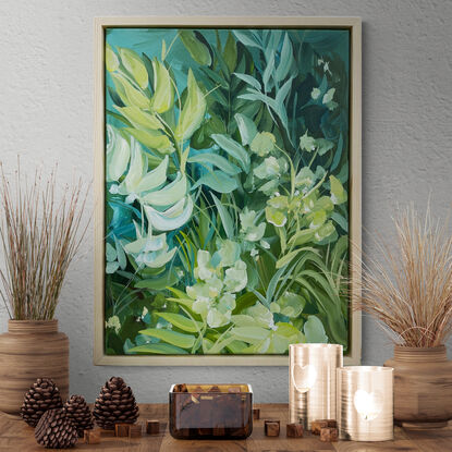 small tropical abstract landscape in greens and blues, original painting