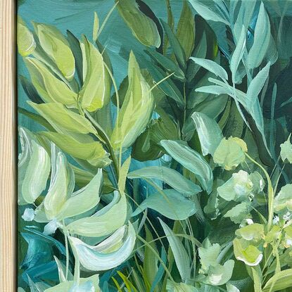 small tropical abstract landscape in greens and blues, original painting