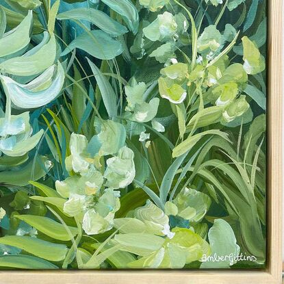 small tropical abstract landscape in greens and blues, original painting