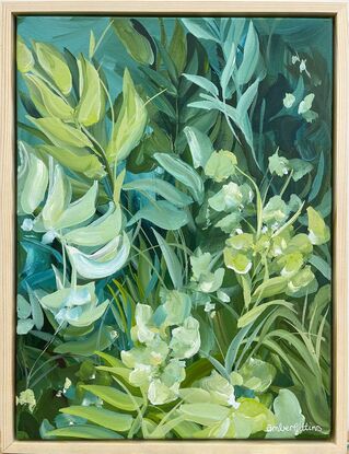 small tropical abstract landscape in greens and blues, original painting