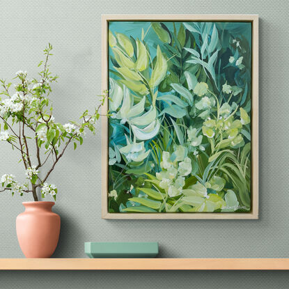 small tropical abstract landscape in greens and blues, original painting