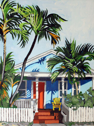 Florida-style beach house surrounded by palm trees and a picket fence and a yellow chair.