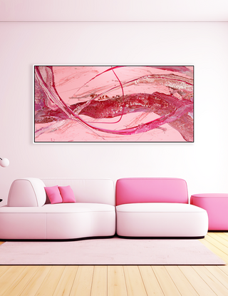 ABSTRACT painting of flowing colours: golds, light golds, ochre, , pink, beige.
It has incredible depth while evoking a feeling of peace/
The closer you get to the painting the more of the interesting details and patterns you can see. Metallics add an extra depth because the painting changes personality when one views from different angles. the background is a strong deep pink which makes the vibrant colours even more vibrant