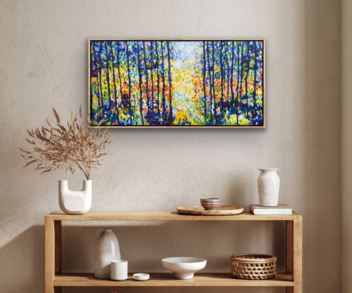 An abstract tree painting that is sparkling with sunlight between trees with a bright clearing. The artwork is comprised of small colourful splashes that form into the colours of the story. The trees are strong and dark with a kaleidoscope of colour that is warm and inviting and mesmerising. So much to take in. 