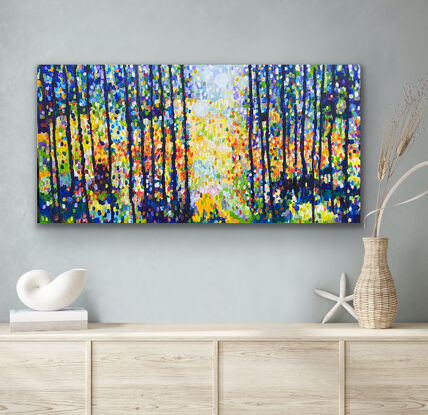 An abstract tree painting that is sparkling with sunlight between trees with a bright clearing. The artwork is comprised of small colourful splashes that form into the colours of the story. The trees are strong and dark with a kaleidoscope of colour that is warm and inviting and mesmerising. So much to take in. 