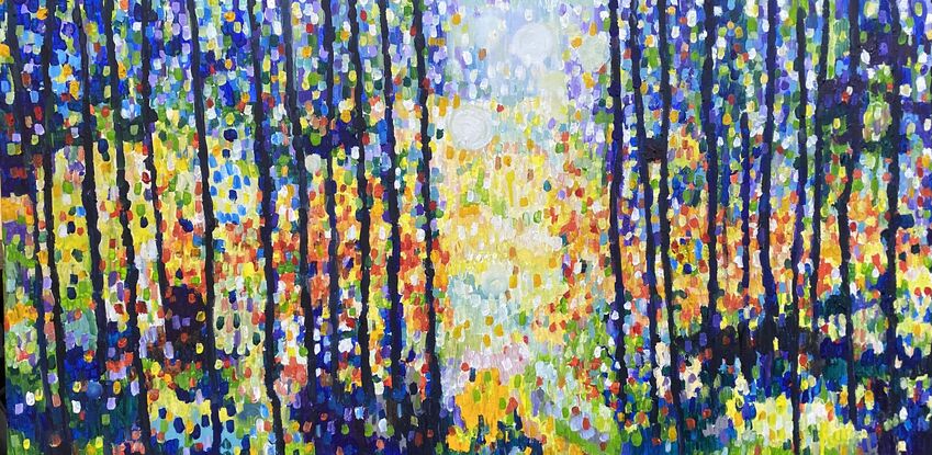 An abstract tree painting that is sparkling with sunlight between trees with a bright clearing. The artwork is comprised of small colourful splashes that form into the colours of the story. The trees are strong and dark with a kaleidoscope of colour that is warm and inviting and mesmerising. So much to take in. 