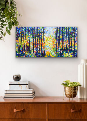 An abstract tree painting that is sparkling with sunlight between trees with a bright clearing. The artwork is comprised of small colourful splashes that form into the colours of the story. The trees are strong and dark with a kaleidoscope of colour that is warm and inviting and mesmerising. So much to take in. 