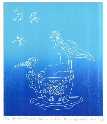 (CreativeWork) She liked to soak her feet into a cup of tea after a long day by Sol Pandiella-McLeod. Reproduction Print. Shop online at Bluethumb.