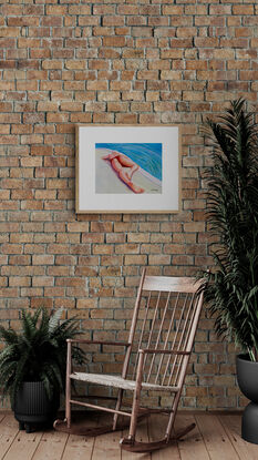 artwork showing a woman lying flat out sunbathing by the pool