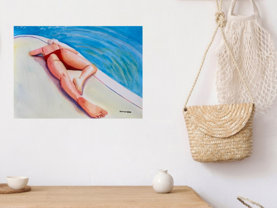 artwork showing a woman lying flat out sunbathing by the pool