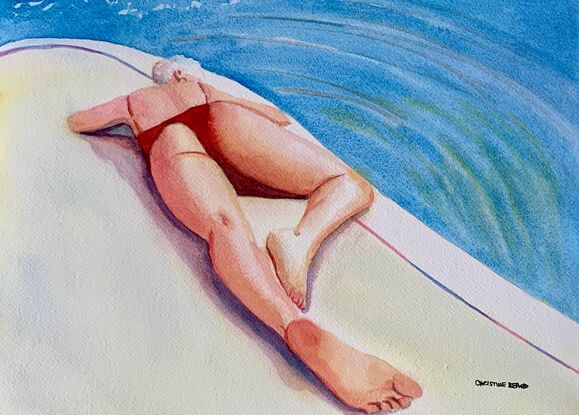 artwork showing a woman lying flat out sunbathing by the pool