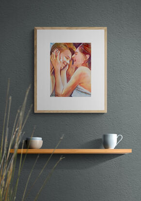 artwork showing a couple embracing and laughing together lying in bed