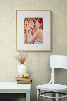 artwork showing a couple embracing and laughing together lying in bed