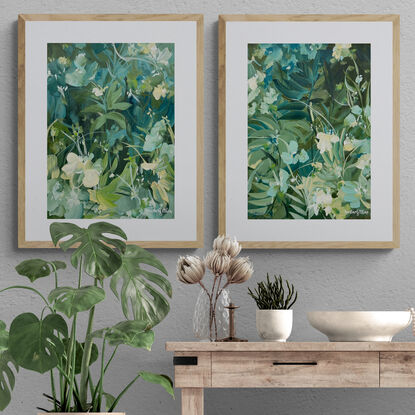 small A4 sized green and blue tropical rainforest landscape original painting