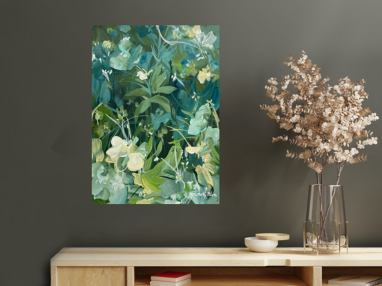 small A4 sized green and blue tropical rainforest landscape original painting