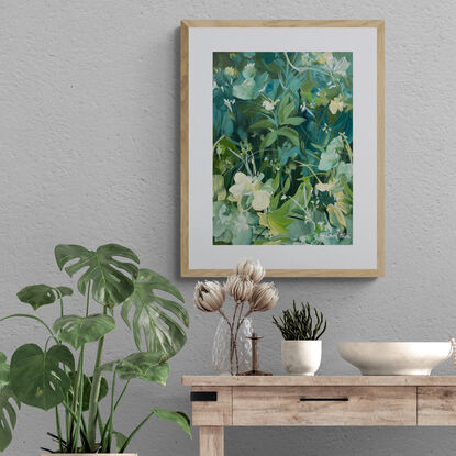 small A4 sized green and blue tropical rainforest landscape original painting