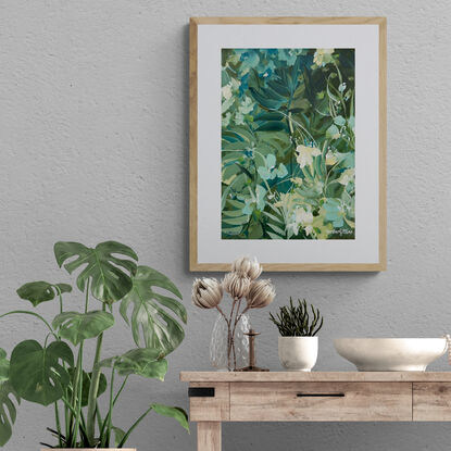 small A4 sized green and blue tropical rainforest landscape original painting